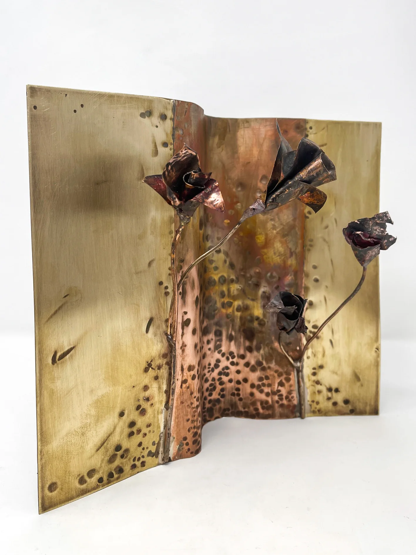 Copper and brass floral screen sculpture