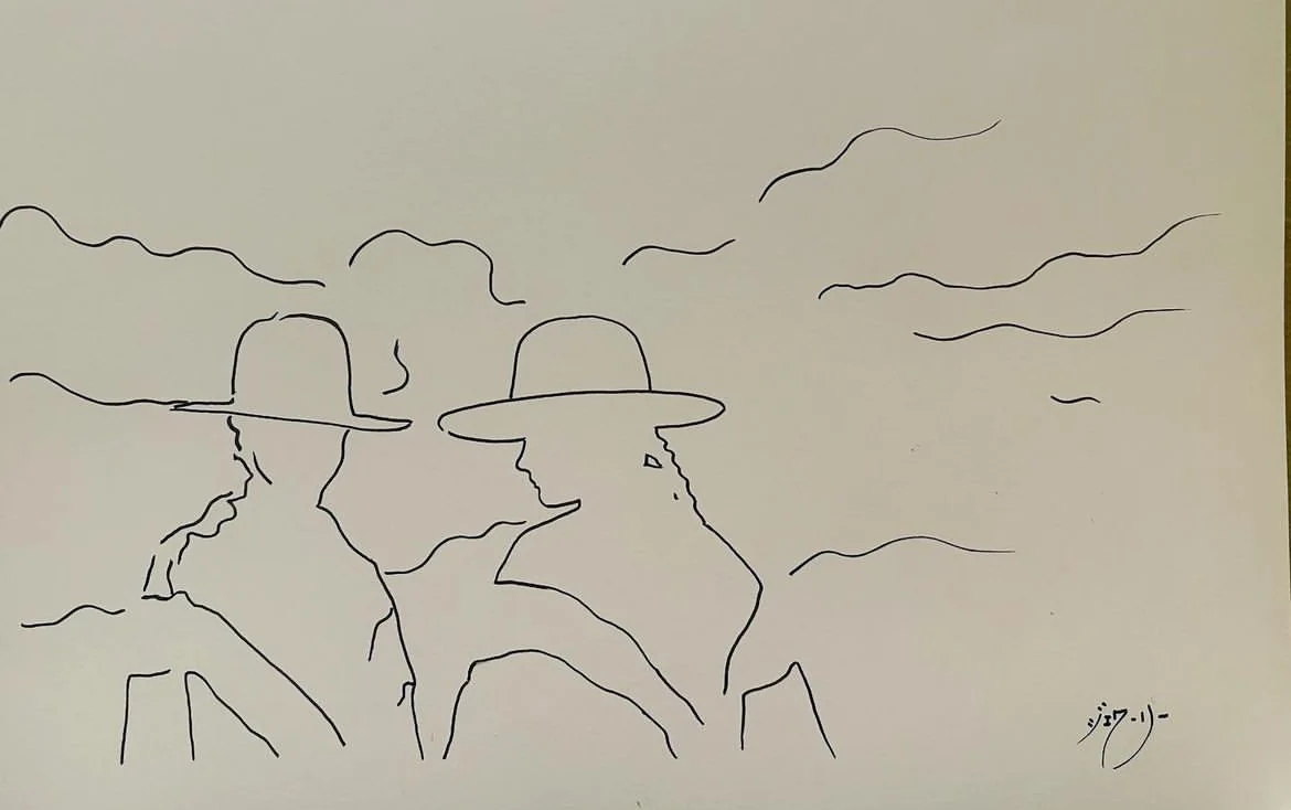 Minimal line drawing of two figures wearing hats