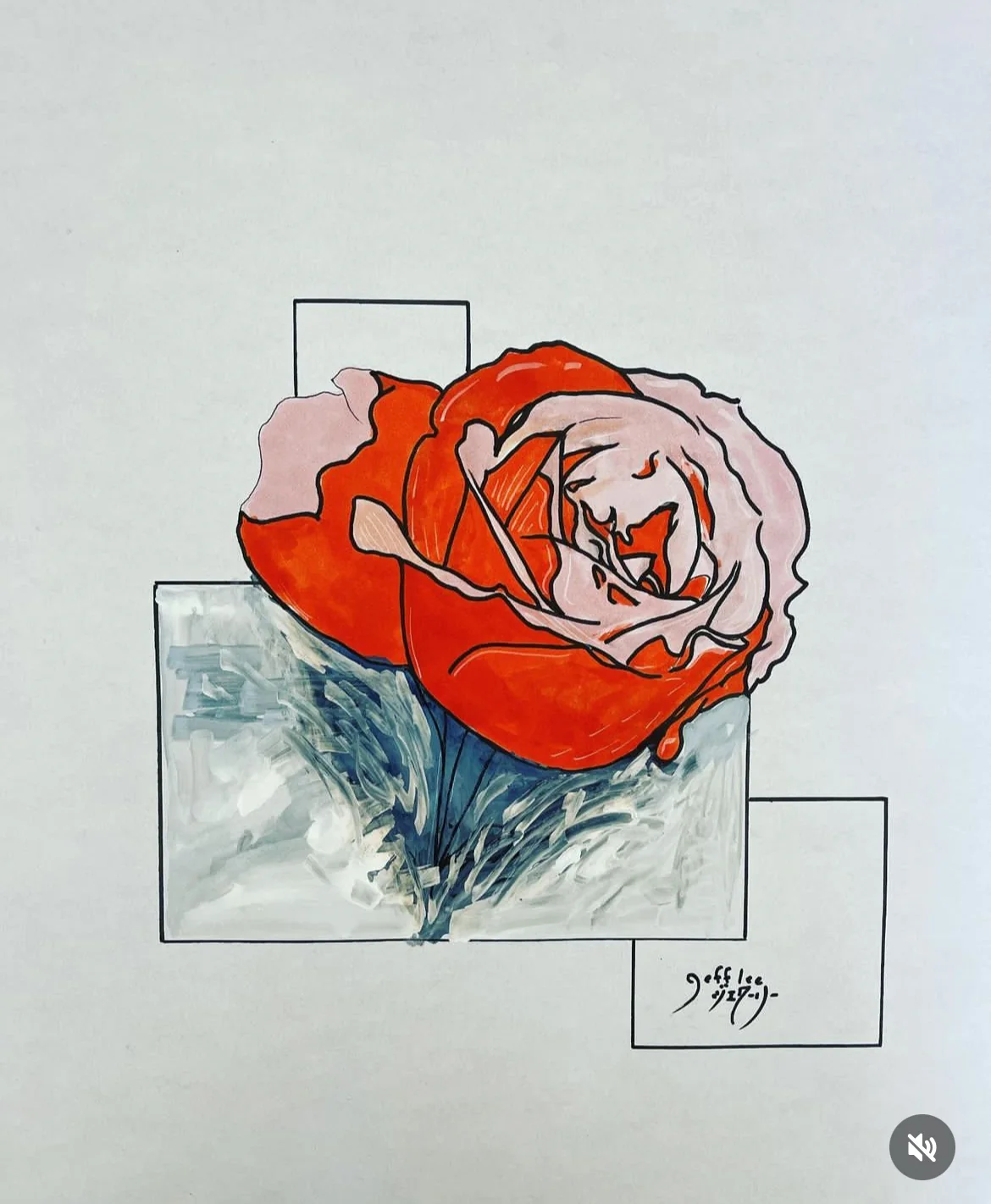 Red rose drawing with geometric framing